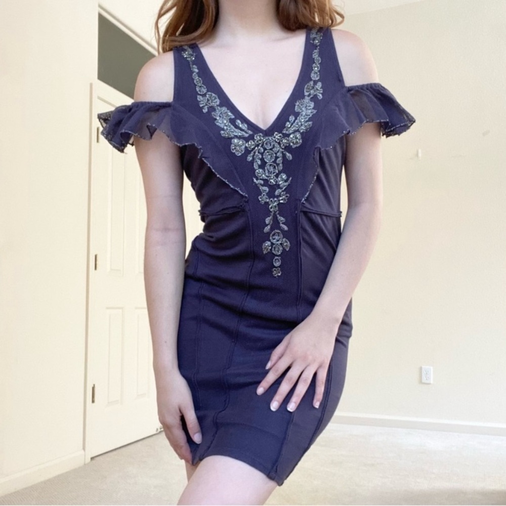 Free People V Neckline Beads Embellishments Mini Dress SZ M